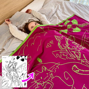 Hier is een tekening van een kattenprinses in anime stijl. We hebben er een zacht kinderdeken van gebreid. Wat een mooi persoonlijk cadeau voor deze kunstenares. 