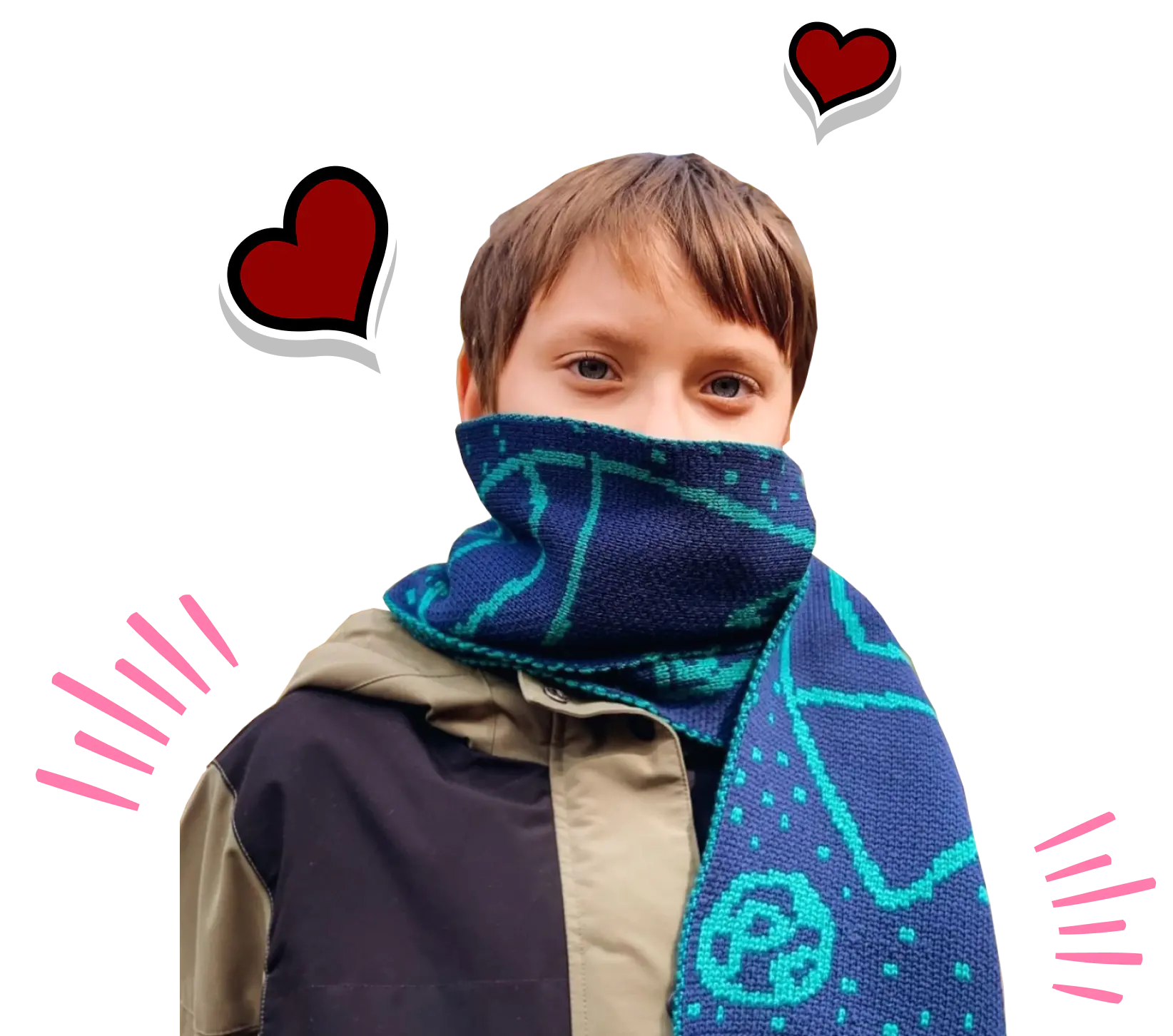 Een jongen draagt een Relooped by You kindersjaal. Hij is erg trots op zijn eigen ontwerp.