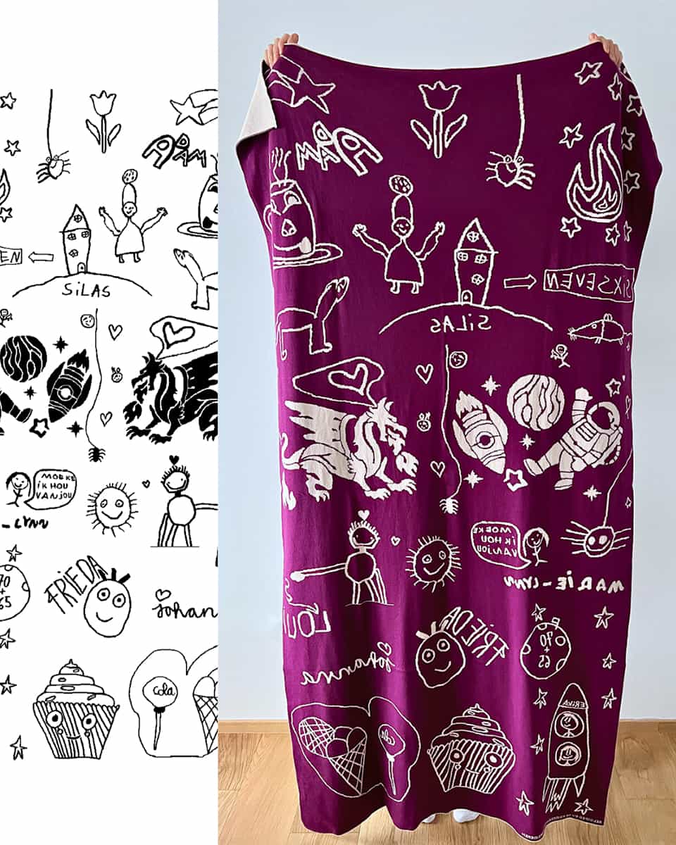 persoonlijk cadeau gebreid deken van kindertekening voor op de bank