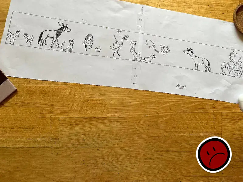 Een tekening wordt in de randhoek van het frame geplaatst om de foto te maken voor een Relooped by you product.