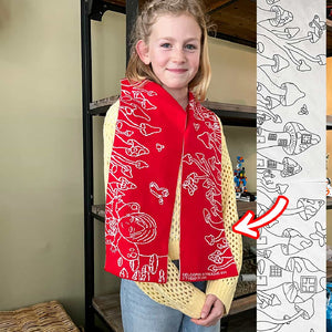 Bij Relooped breien we kindertekeningen in zachte kindersjaals speciaal voor jou. Dit is een mooie rood-witte kindersjaal met een tekening van paddenstoelen. Teken je tekening op een papieren tekensjabloon of download een digitale tekensjabloon.
