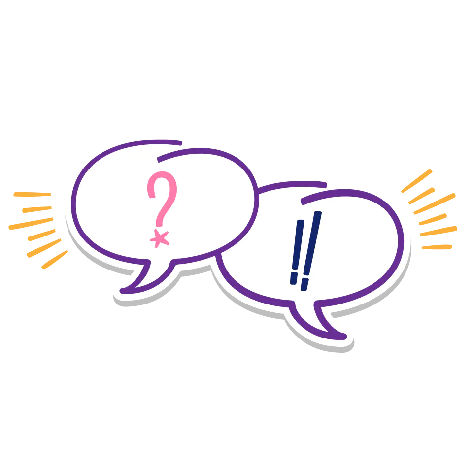 Een illustratie met twee spreekwolken vertegenwoordigt de FAQ-sectie van Relooped by you.