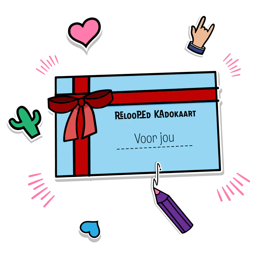 Illustratie van een Relooped Kadokaart, een creatief cadeau waarmee een tekening wordt omgezet in een gebreid verhaal